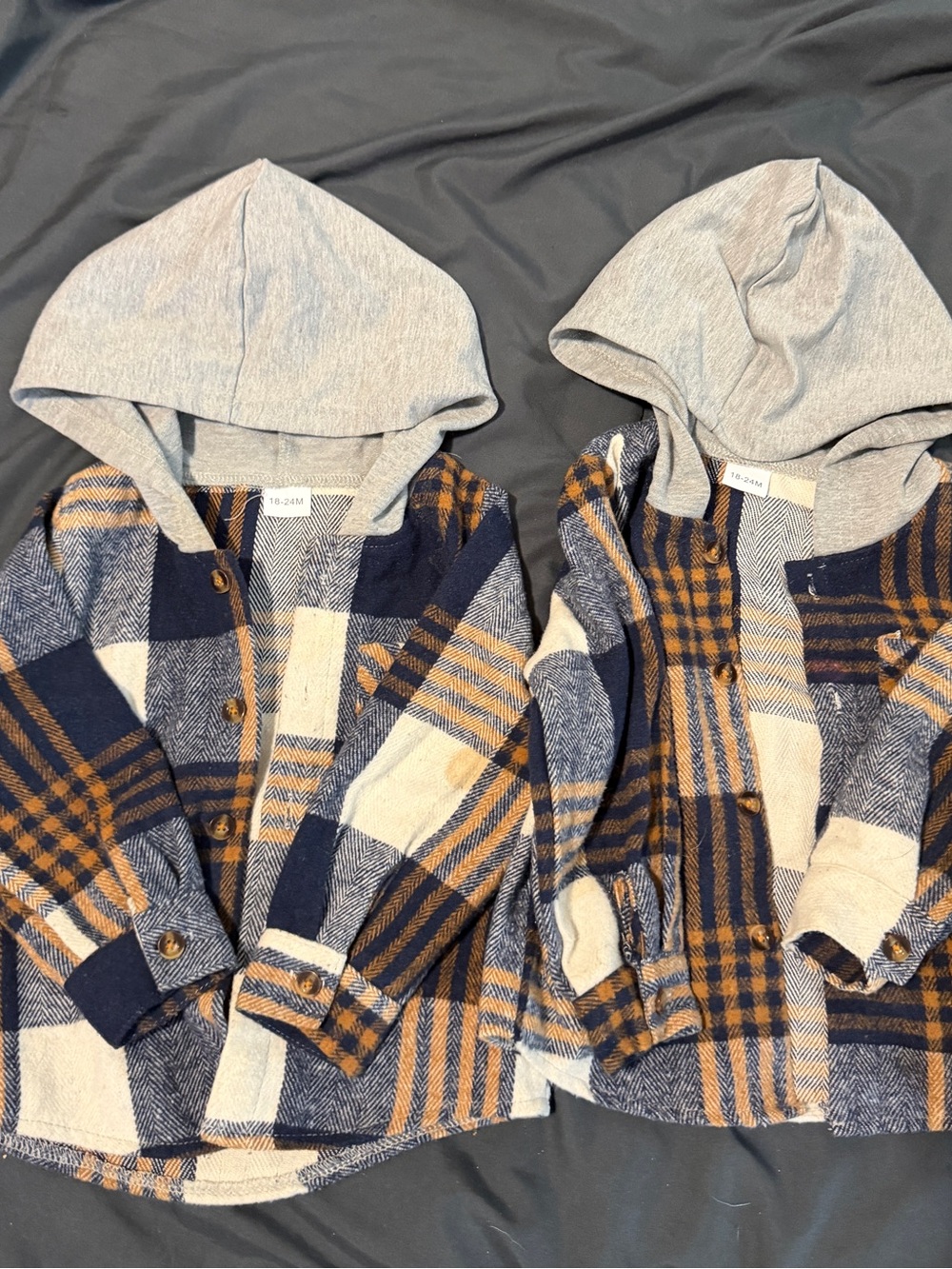2 Amazon Kids Hooded Plaid Shacket Jacket - Navy, Tan & Cream